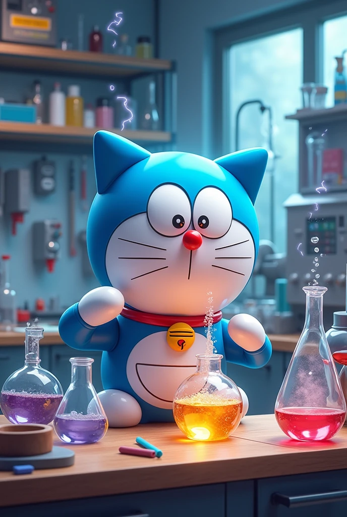Doramon doing chemical experiments in lab
