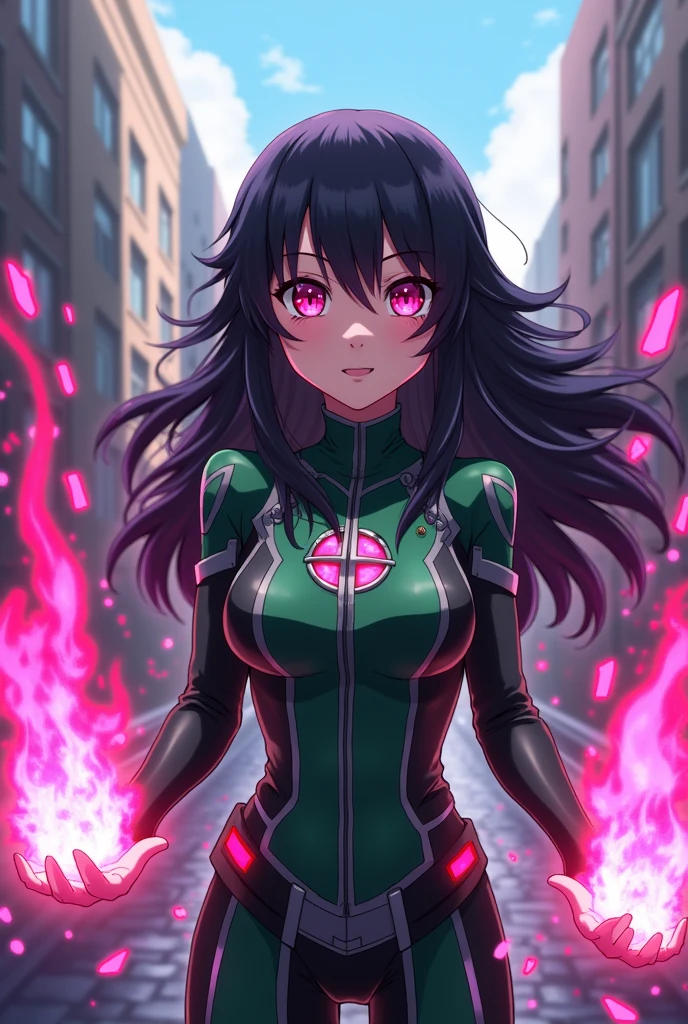 Create a character in the style of the Boku no Hero Academia anime with long, black, layered hair and straight bangs., magenta eyes, Medium-sized, uniform, green and black hero with a special magenta crystal ability
