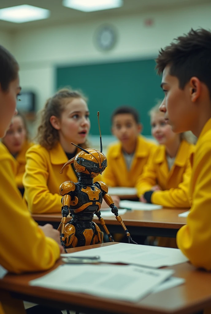 atomic ant talking to agers wearing yellow uniforms in a classroom