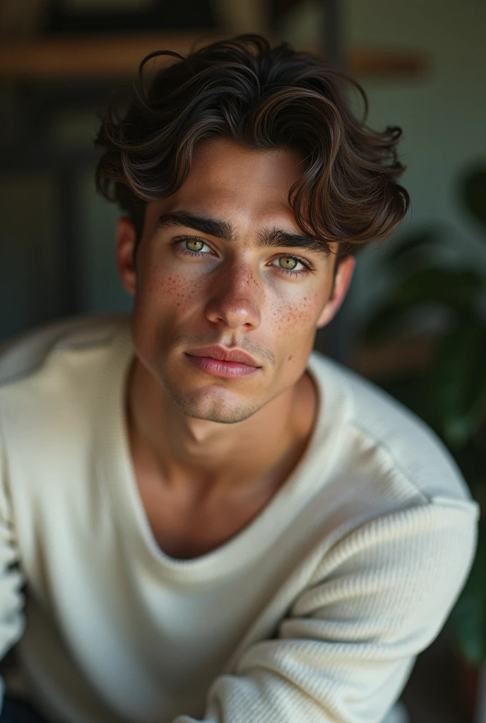 , Olive brownish skin, Italian descendants, cute, beautiful, strikingly attractive,  green eyes and intense, soft pink lips naturally shaped, wavy brown hair, gentle curls,  slender build,  freckles around the nose, quiet, mysterious, shy, teenager, 18 years old, skinny body, wearing a cute white sweater, , young, skinny arms, a boy,  black jeans stylish, realistic, man
