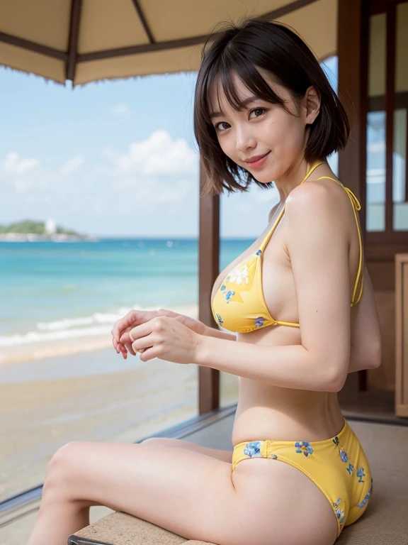 ((String,Butt)),((Highest quality)), Realistic, Very detailed, In detail, ((High resolution)), 8k,Japanese women,Beautiful woman,gravure,sexy,Beautiful Skin,Beautiful Eyes,Detailed face,(Glamour),((short hair)),Brunette Hair,20th Generation,Glamour system,Bust Size 85cm,Neat constriction,(Beautiful Eyes),(Adult),smiling sexy、Sandy beaches on uninhabited islands、Browsing Caution,((Yellow bikini with floral pattern))、(Sitting)、