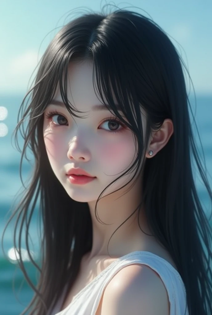 ・Long black straight hair
・Around 20 years old
・A Japanese woman with a pure and innocent look
・See-through bangs
・Sea in the background
・From the shoulders up