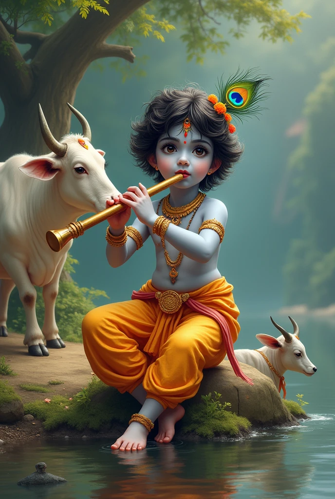 “Create an image of a baby Krishna with a delicate, soft blue complexion, dressed in a traditional yellow dhoti and a black shawl adorned. He wears a garland of flowers on his head, including a peacock feather, and plays a flute with a serene expression. Krishna is standing next to a cow in green green ground.