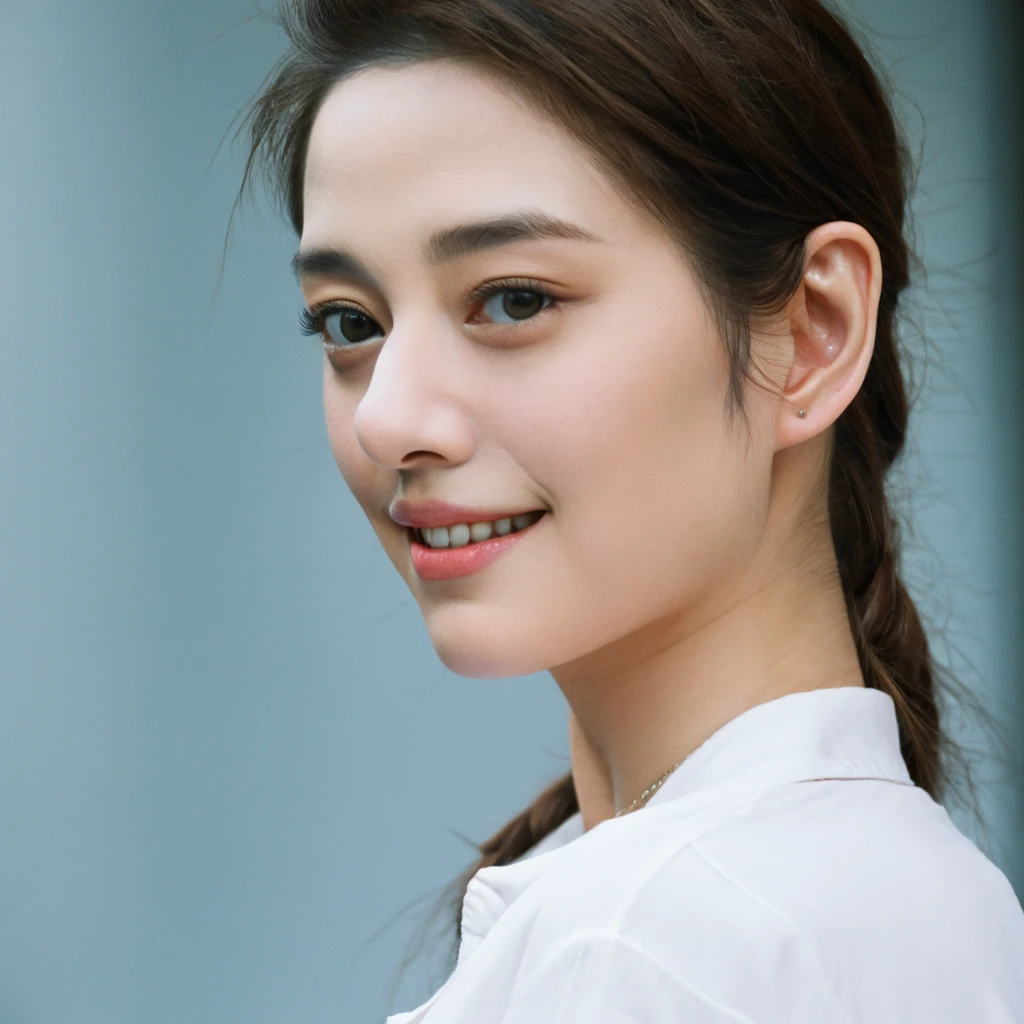 1girl, Realistic photograph best quality portrait of a beautiful gorgeous young cute Asian woman, 21yo., looking something, detailed face, Realistic texture human skin, very beauty long and slender bright glowing face, droopy hooded eyes, wavy nose, full wide lips, bright smiling, ponytail, studio portrait, (((young Marion Cotillard blended face mixed with young Anne Hathaway))), wearing bodyfit white shirt, flirting smiling portrayal, ethereal girl, intimate lighting sturdy, real photo, brown eyes, zoomed, best quality, masterpiece, Leica SL3, Summicron-SL 75mm ASPH, F/1.8, (cinematic still:1.2), Film Never Die Kiro 400 film, bokeh, rim lighting, silhouette, shallowed depth of field,