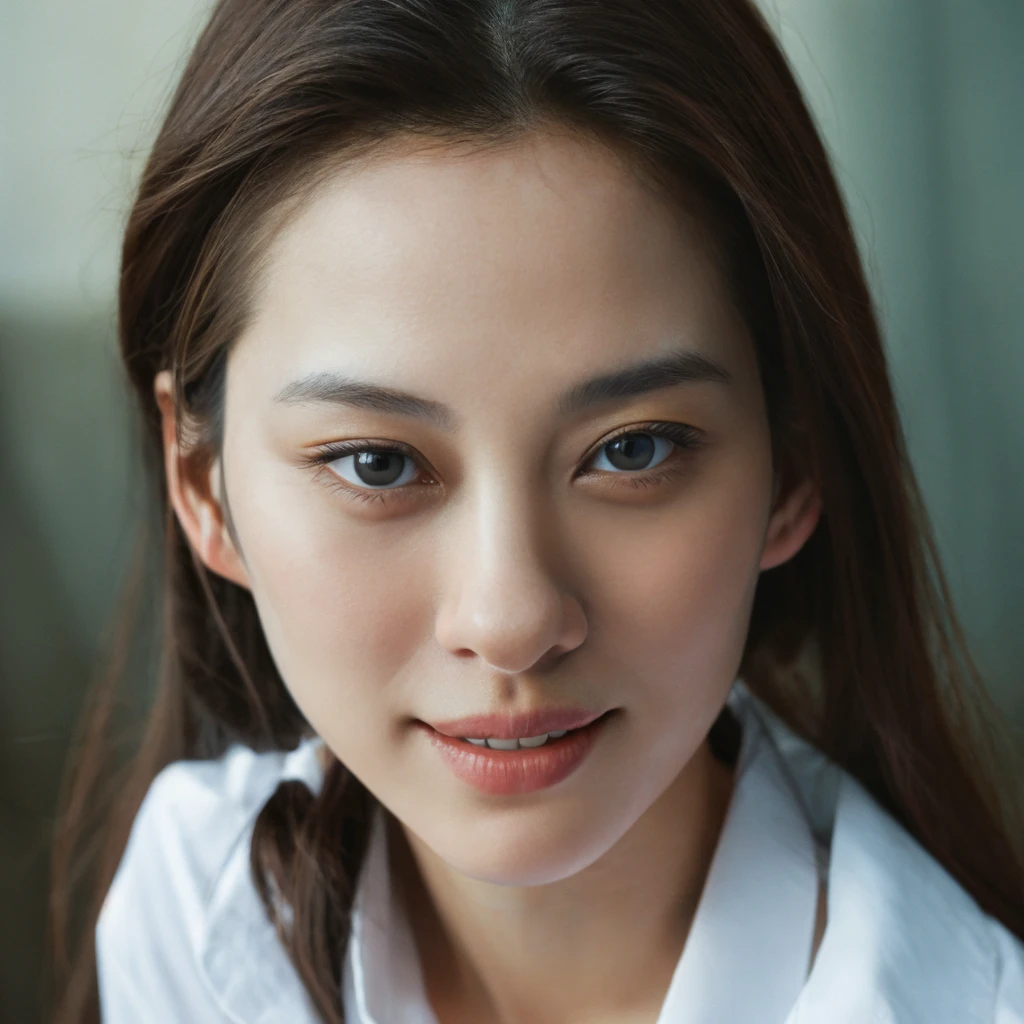 1girl, Realistic photograph best quality portrait of a beautiful gorgeous young cute Asian woman, 21yo., looking something, detailed face, Realistic texture human skin, very beauty long and slender bright glowing face, droopy hooded eyes, wavy nose, full wide lips, bright smiling, ponytail, studio portrait, (((young Marion Cotillard blended face mixed with young Anne Hathaway))), wearing bodyfit white shirt, flirting smiling portrayal, ethereal girl, intimate lighting sturdy, real photo, brown eyes, zoomed, best quality, masterpiece, Leica SL3, Summicron-SL 75mm ASPH, F/1.8, (cinematic still:1.2), Film Never Die Kiro 400 film, bokeh, rim lighting, silhouette, shallowed depth of field,