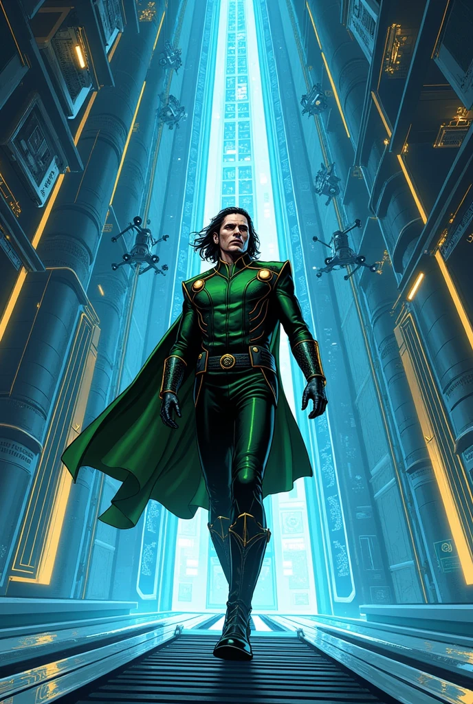 Storyboard, brilliant colors new modern style comics books, luki The Tower is a maze of gleaming corridors and advanced technology. Loki navigates it with the ease of a ghost, his illusions concealing his movements. He slips past security drones, evades the watchful eyes of Jarvis, and even manages to charm a particularly curious security guard.