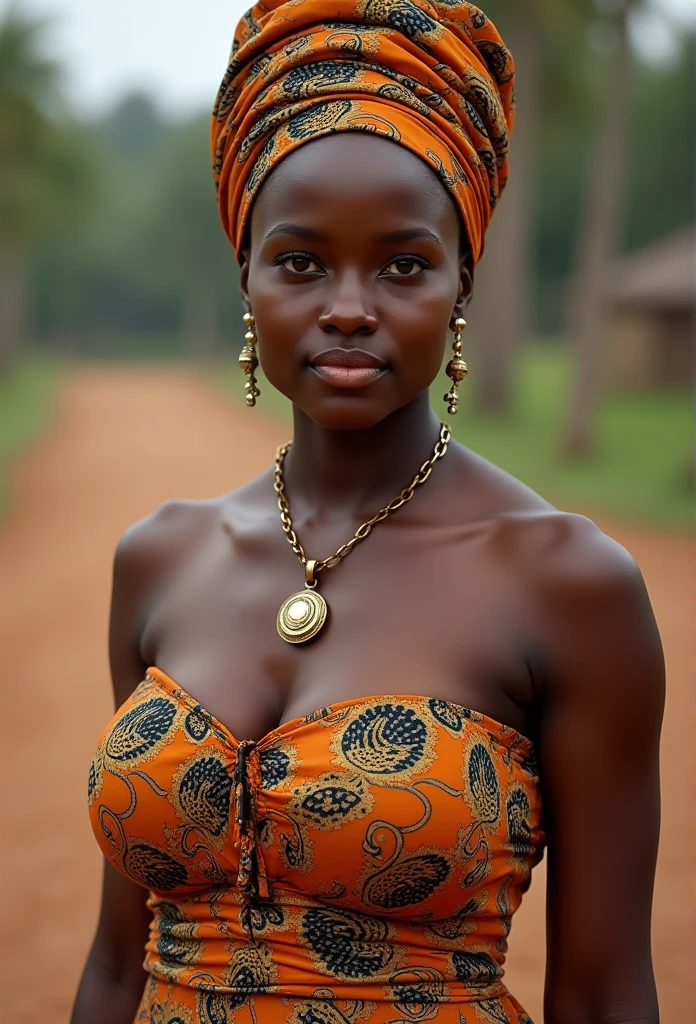 rural Ghanaian woman in traditional dress, sexy cleavage, big breasts (1.3),beautiful, traditional Ghanaian head scarf, simple jewelry, posing for photo, looking straight at viewer, very big breasts, sexy pose, detailed expression, full body (1.2)