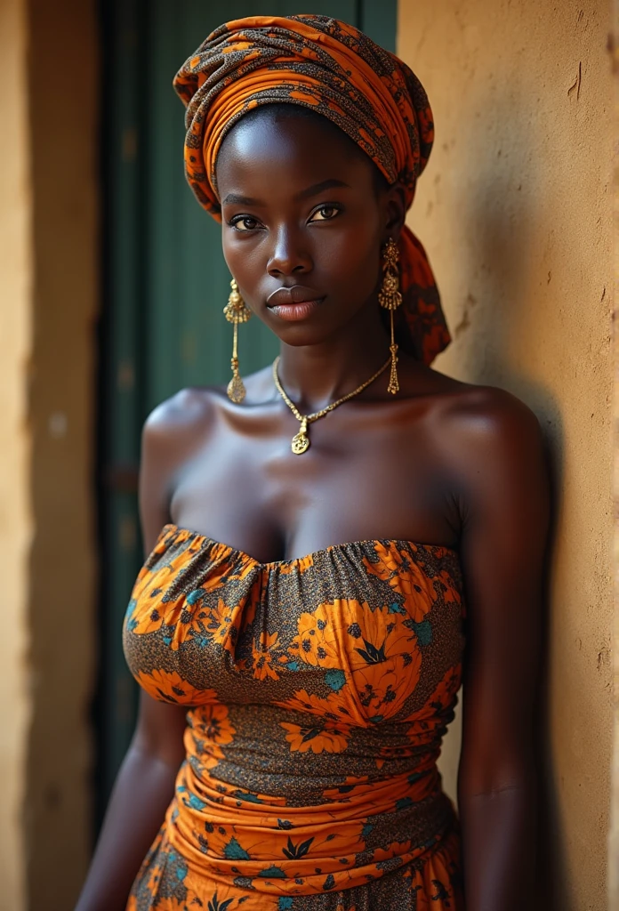 rural Ghanaian woman in traditional dress, sexy cleavage, big breasts (1.3),beautiful, traditional Ghanaian head scarf, simple jewelry, posing for photo, looking straight at viewer, very big breasts, sexy pose, detailed expression, full body (1.2)