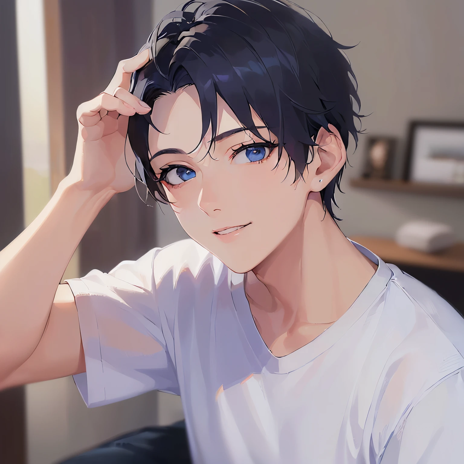 (looking at viewer:1.5),upper body、
shiny skin, masterpiece、Highest quality、
(20-year-old male:1.5) and (Black short hair) and (blue eyes), 
White T-shirt、
smile,The background is the living room、（alone:1.5）
