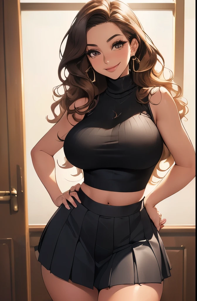 A full-color half-body portrait of the ideal beautiful Hispanic woman (((24 years old, wavy hair, wide hips, big butt, sultry, flirty smile, flirty eyes, flirty expression, perky breasts, hands on her hips, sleeveless turtleneck and pleated skirt))) comforting the viewer, Highly detailed eyes, in an apartment