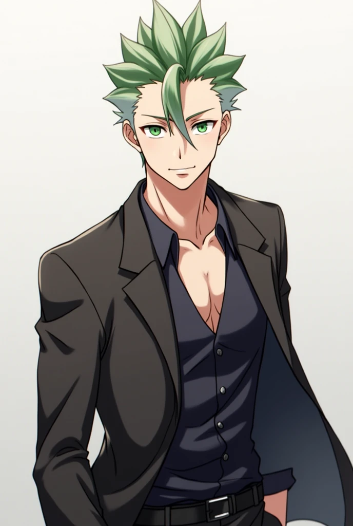 Create Yuji Itadori from Jujutsu Kaisen in anime style, of more muscles, greeneyes, short hair in the middle and straight pulled back and shaved on the sides in a gradient, stylish clothes and a seductive look