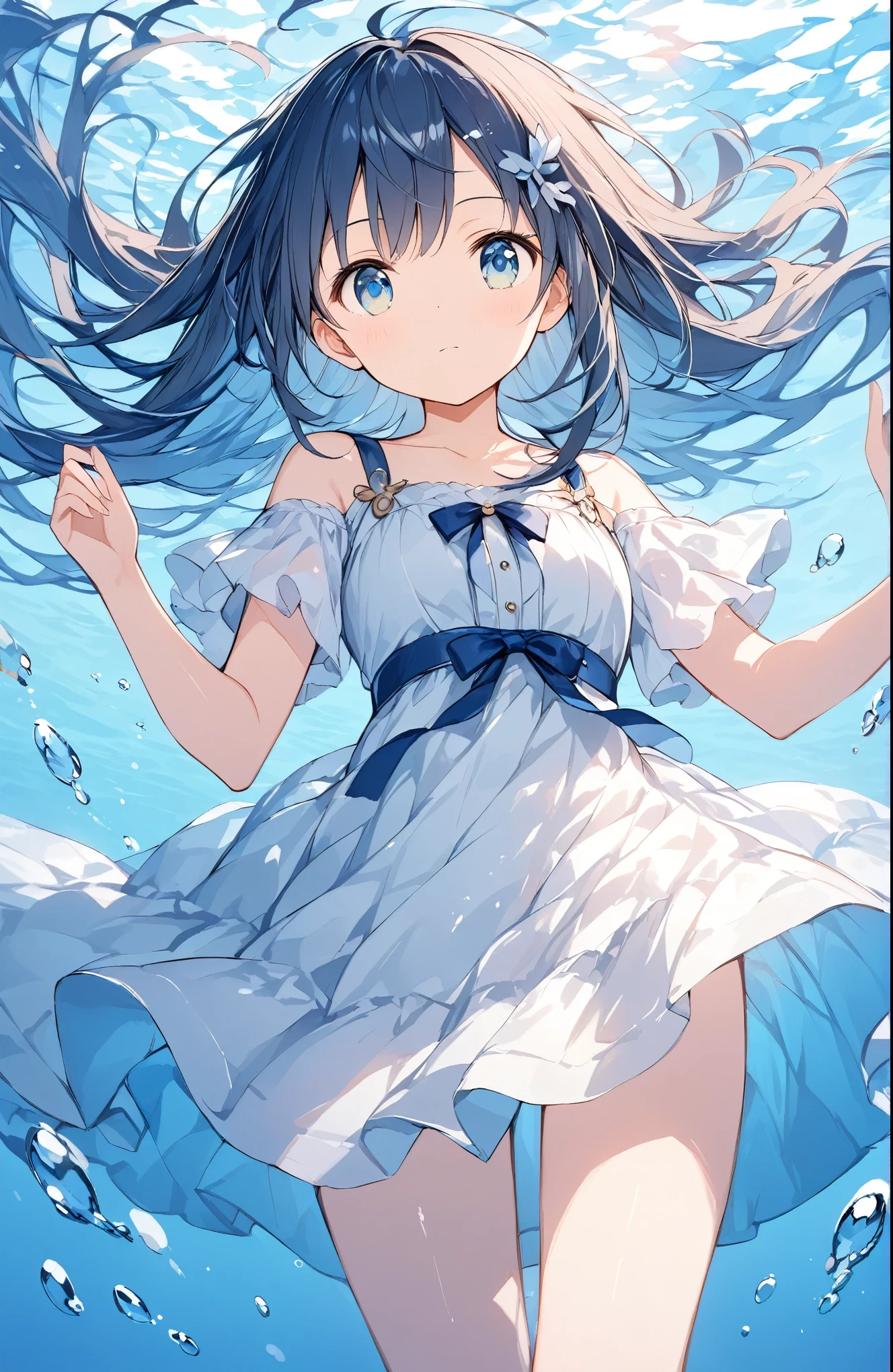 ((Amazingly absurd)),超High resolution, Attention to detail, high quality, High resolution, 最high quality, 4K, 8k、The protagonist is a girl in her ,The girl's appearance is slender and delicate,Characterized by large eyes and long hair,The girl is wearing a underwater propulsion device、Graceful swimming motion,The girl's expression is full of curiosity and a spirit of exploration,Incorporate delicate expressions in the girl's gestures and poses,Depict the girl's hair and clothes swaying gracefully underwater,Pay attention to the appearance of the city ahead of the girl's gaze