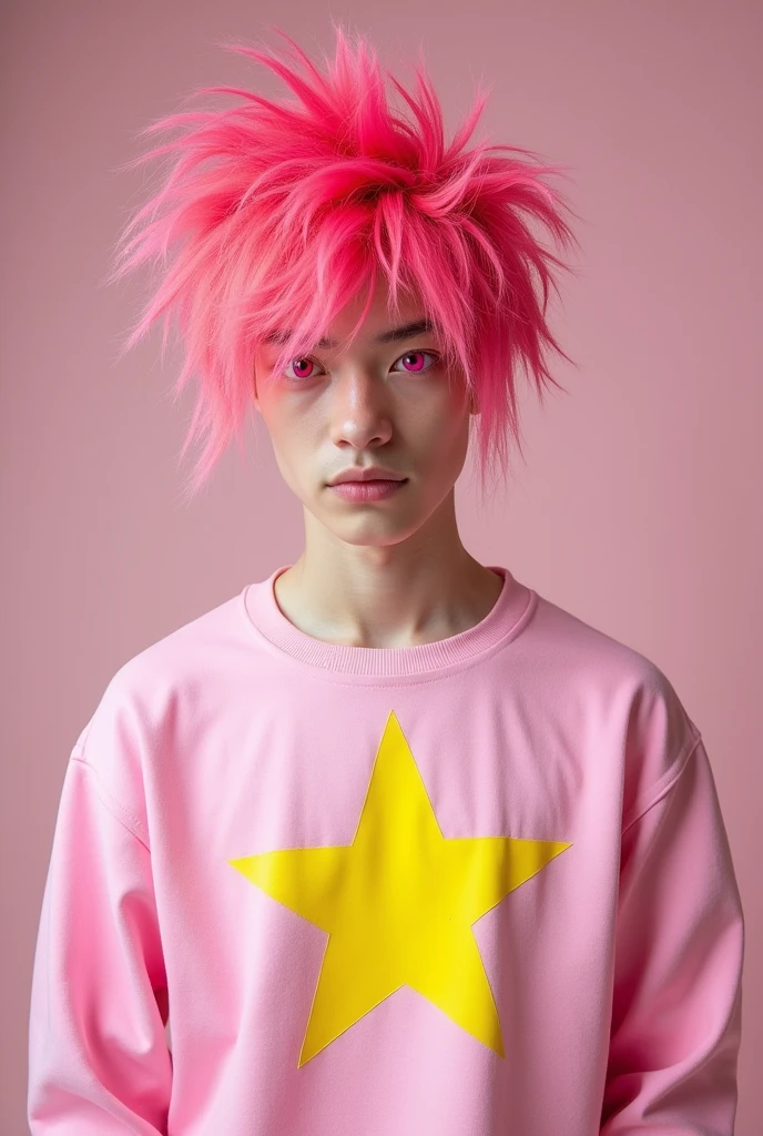 white male, AT 20 YEARS OLD, messy shocking pink hair, bright shocking pink eyes, wearing a light pink sweatshirt with a yellow star in the middle