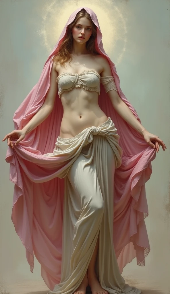 The whole body of the lascivious and beautiful Virgin Mary、Wearing a bluish-beige tunic, a pink cloak and veil