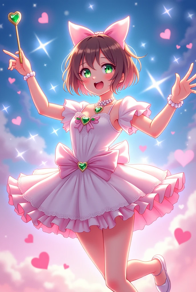 ((greatest masterpiece:1.3, ultimate quality:1.3, ultra-detailed:1.2)), (movie lighting), ((perfectly sensual)), super fine illustration, an extremely delicate and beautiful, 4K, 8K, 16K, UHD, 1girl, solo, magical girl, short brown hair, large green eyes, pink bow hairpin, excited expression, open mouth, white magical girl outfit, red bow on chest, green gemstone accessories, white gloves, choker, magical wand with heart, sparkles, glowing effects, floating hearts, starry background, blue and pink gradient sky, dynamic pose, arms outstretched, frilly dress, magical aura, cute anime style, vibrant colors, detailed eyes, shimmering effects, magical transformation scene, cheerful atmosphere, kawaii, front view, upper body focus, fantasy elements, magical girl genre