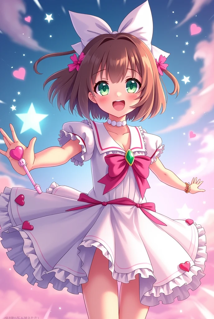 ((greatest masterpiece:1.3, ultimate quality:1.3, ultra-detailed:1.2)), (movie lighting), ((perfectly sensual)), super fine illustration, an extremely delicate and beautiful, 4K, 8K, 16K, UHD, 1girl, solo, magical girl, short brown hair, large green eyes, pink bow hairpin, excited expression, open mouth, white magical girl outfit, red bow on chest, green gemstone accessories, white gloves, choker, magical wand with heart, sparkles, glowing effects, floating hearts, starry background, blue and pink gradient sky, dynamic pose, arms outstretched, frilly dress, magical aura, cute anime style, vibrant colors, detailed eyes, shimmering effects, magical transformation scene, cheerful atmosphere, kawaii, front view, upper body focus, fantasy elements, magical girl genre