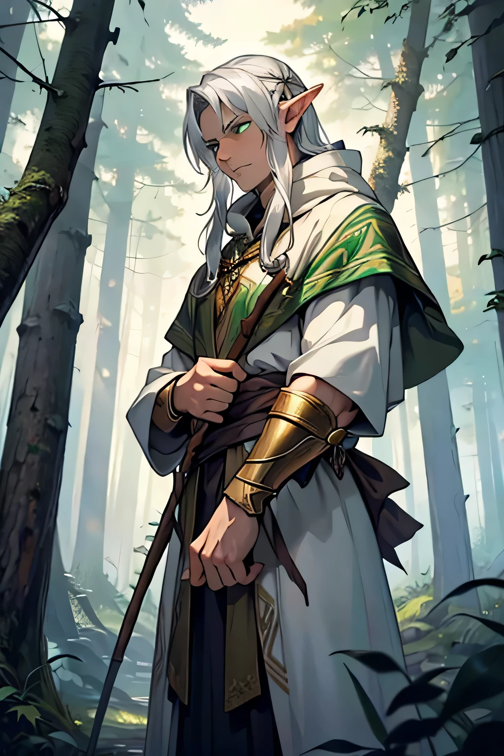 male wood elf druid with silvery white hair, green eyes with golden flecks, with a cold, murderous gaze, no feelings, forest scene, Holding a bow in their hands
