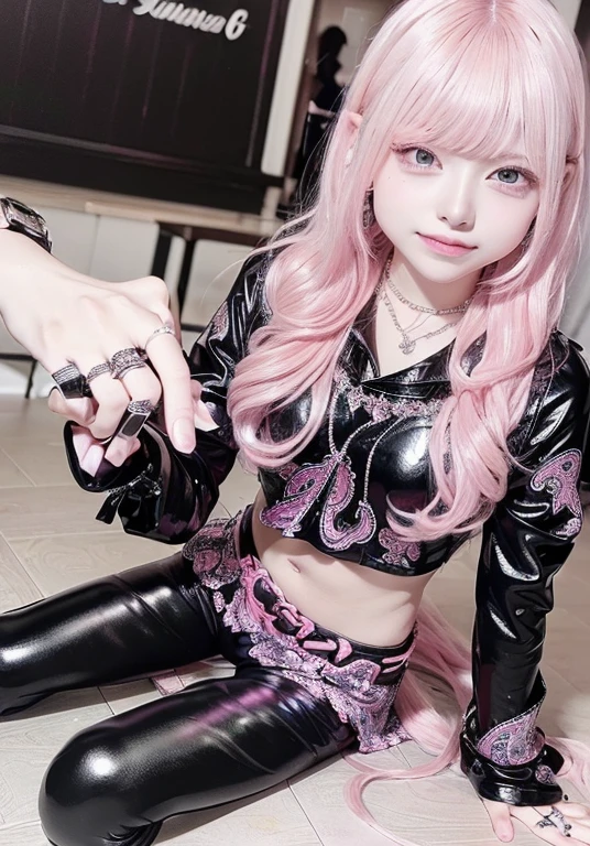 (8K, Top quality, masterpiece:1.2), (Practical, photoPractical:1.37), (Very detailed), (A girl), (Very detailed), (Beautifully detailed eyes), (Highest quality), (masterpiece), (Delicate face), (20 years old), (Pink Hair, Long hair), (Medium breasts), (wearing clothes), (Perfect lighting), rest, (Top to knees:1.3), (wavy pink Long hair:1.4), (Smile:1.2), (bright oasis background:1.2),(Heavy rain:1.2),. (Uniform lighting:1.5), (wet:1.3), rest, (black shiny leggings:1.5), (pink paisley pattern:1.4), (Boss:1.3), (Slim silhouette:1.5), (Ankle boots:1.4), (platinum necklace and ring set:1.2),