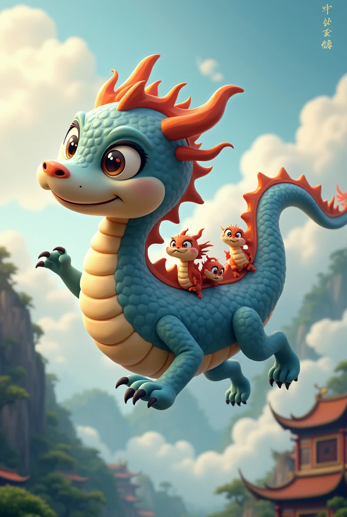 A gray Chinese dragon,huge,cute,Warm expression,fly,with a few small dragons on its back,cute風格,Chinese style in the background,Don't need wings