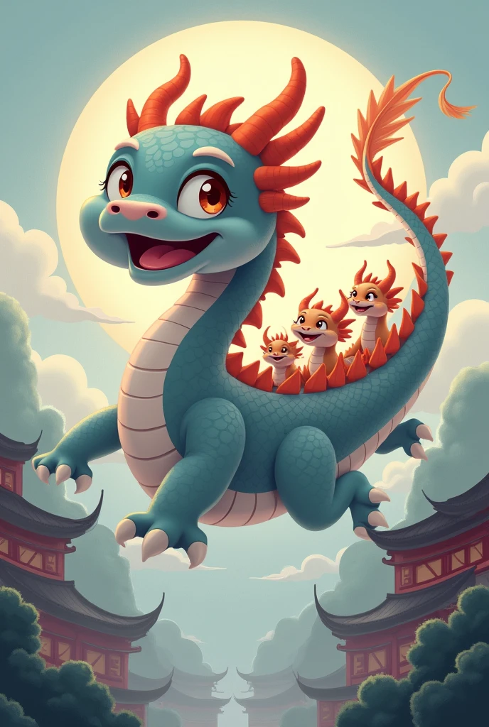 A gray Chinese dragon,huge,cute,Warm expression,fly,with a few small dragons on its back,cute風格,Chinese style in the background,Don't need wings