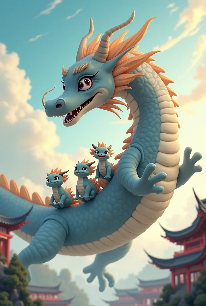 A gray Chinese dragon,huge,cute,Warm expression,fly,with a few small dragons on its back,cute風格,Chinese style in the background,Don't need wings