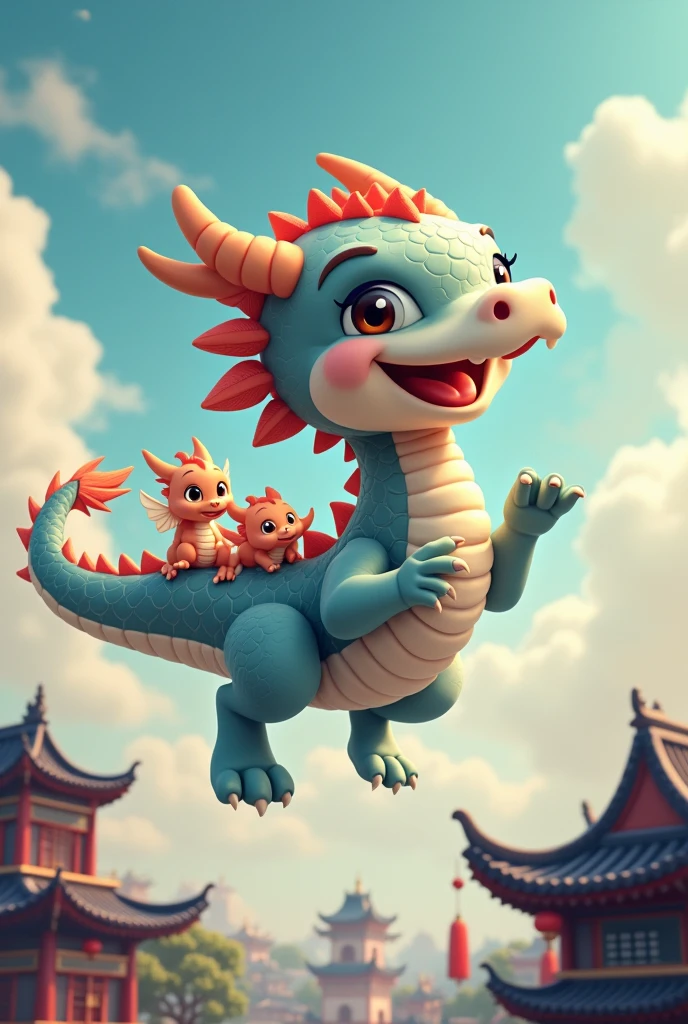 A gray Chinese dragon,huge,cute,Warm expression,fly,with a few small dragons on its back,cute風格,Chinese style in the background,Don't need wings
