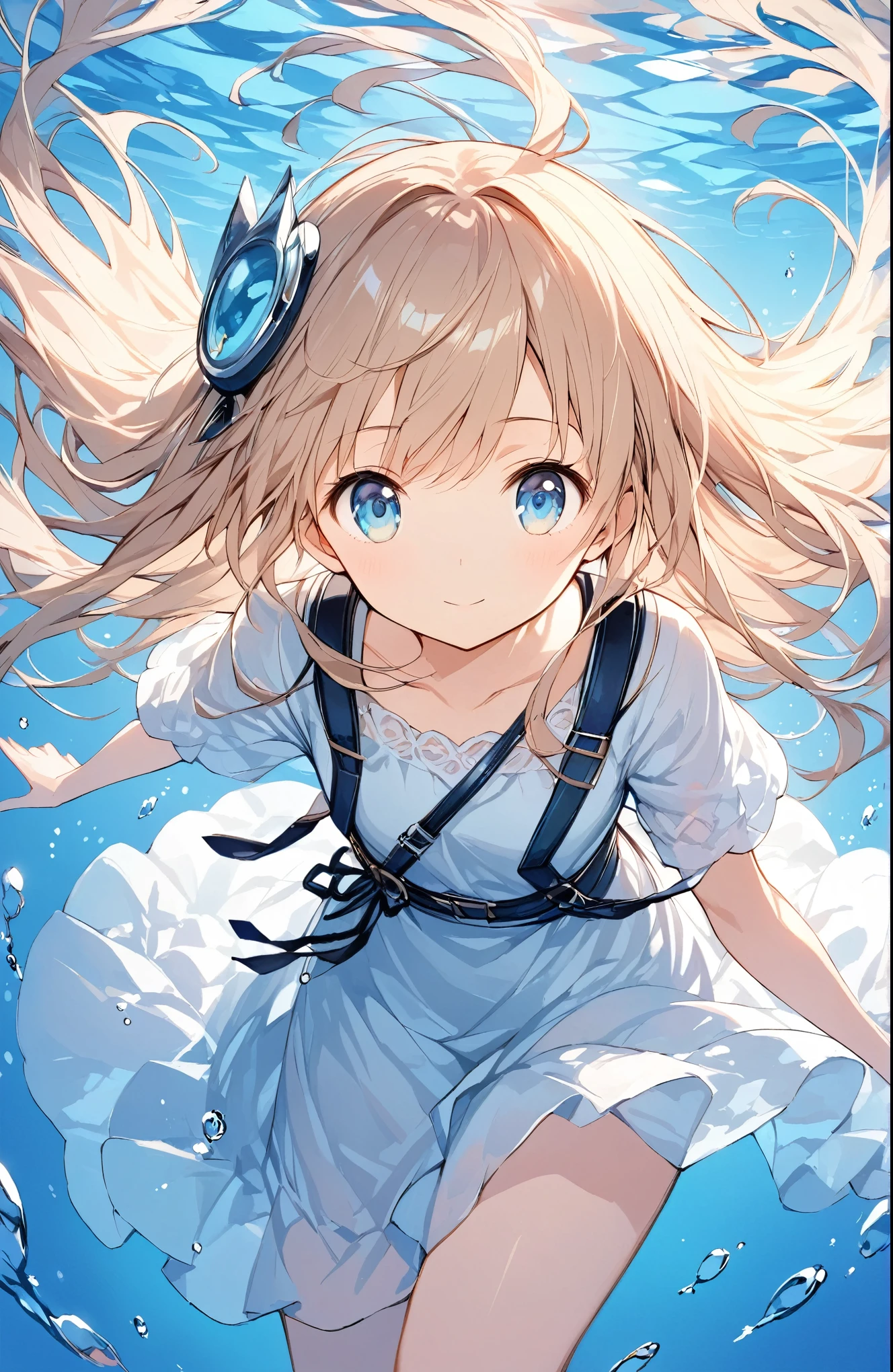 ((Amazingly absurd)),超High resolution, Attention to detail, high quality, High resolution, 最high quality, 4K, 8k、Close-up,The protagonist is a girl in her ,The girl's appearance is slender and delicate,Characterized by large eyes and long hair,The girl is wearing a underwater propulsion device、Graceful swimming motion,The girl's expression is full of curiosity and a spirit of exploration,Incorporate delicate expressions in the girl's gestures and poses,Depict the girl's hair and clothes swaying gracefully underwater,Pay attention to the appearance of the city ahead of the girl's gaze
