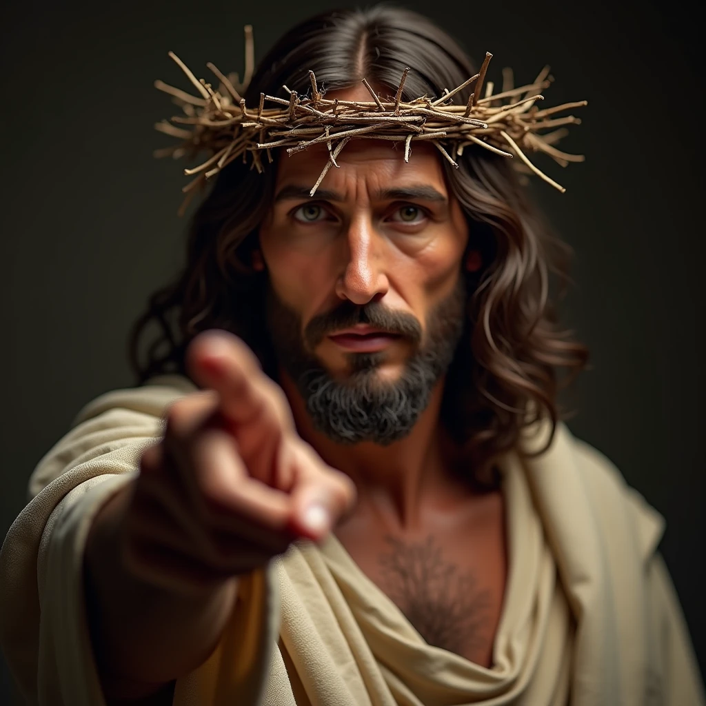 A highly realistic portrayal of Jesus, centered in the frame, wearing a crown of thorns. He is looking directly forward, with a natural expression, and pointing his finger towards the viewer. The image is captured in stunning 4K resolution with high detail, fine details of his face and clothing, studio lighting, foto de média distância,well lit, bright lighting