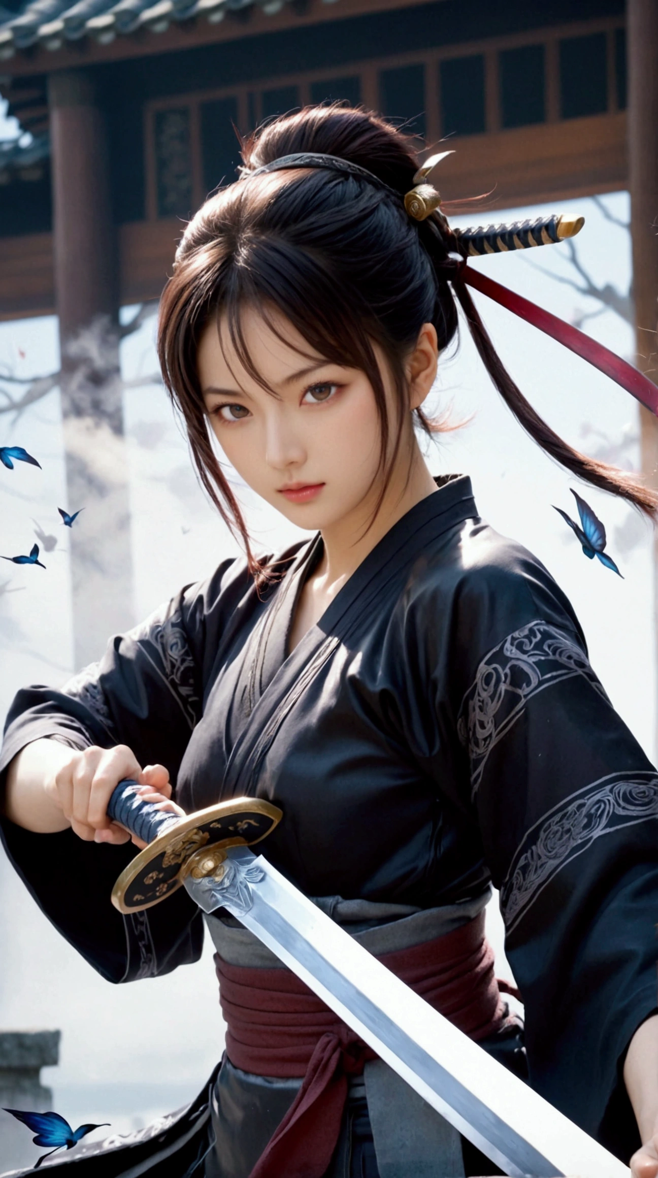 (Japanese sword &reference;Muramasa 2&reference;.2)Beautiful 27 year old woman、Japanese women、Tie your hair back、Hair ornament artist、Shinobi Costume、Warrior、Clear Eyes、{Arm tattoo(SakuraFubuki}'Back Tattoo、Warrior、(Japanese swordを両手で構える、1.3)(Japanese sword1.2)Intermediate position、In front of the body、(Hold the sword horizontally 1.3)、whole body、Long Blade Sword、Realistic battle scenes、敵Warriorの返りBlood、Blood、High resolution、Highest quality、Very detailed、8k、background、The castle is burning、Sparks fly、