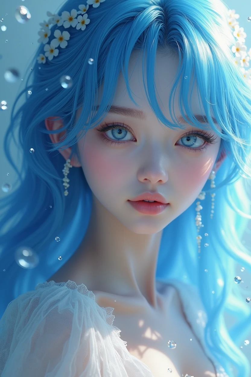 close up of a woman with blue hair wearing a white dress, digital art by Ye Xin, trending on cg society, fantasy art, fantasy art style, beautiful fantasy art portrait, azure. detailed hair, ethereal beauty, beautiful blue haired girl, beautiful fantasy maiden, beautiful young wind spirit, ethereal fantasy, beautiful fantasy portrait, beautiful fantasy art, beautiful digital artwork