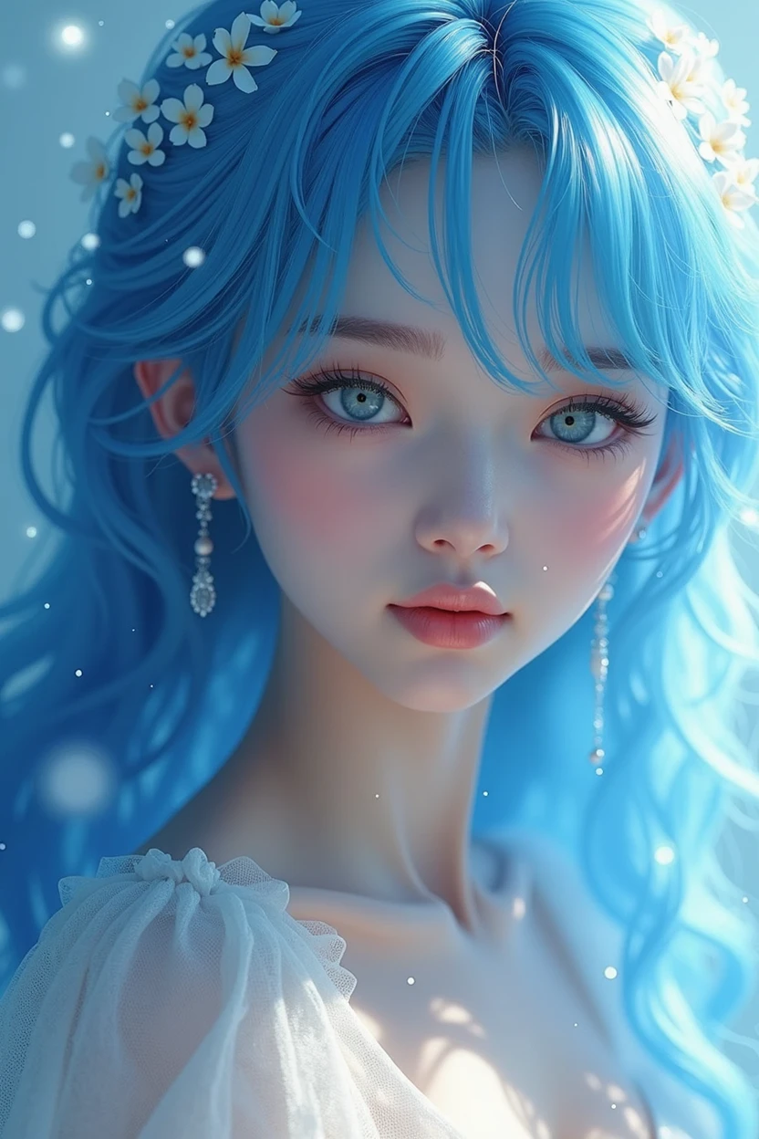 close up of a woman with blue hair wearing a white dress, digital art by Ye Xin, trending on cg society, fantasy art, fantasy art style, beautiful fantasy art portrait, azure. detailed hair, ethereal beauty, beautiful blue haired girl, beautiful fantasy maiden, beautiful young wind spirit, ethereal fantasy, beautiful fantasy portrait, beautiful fantasy art, beautiful digital artwork
