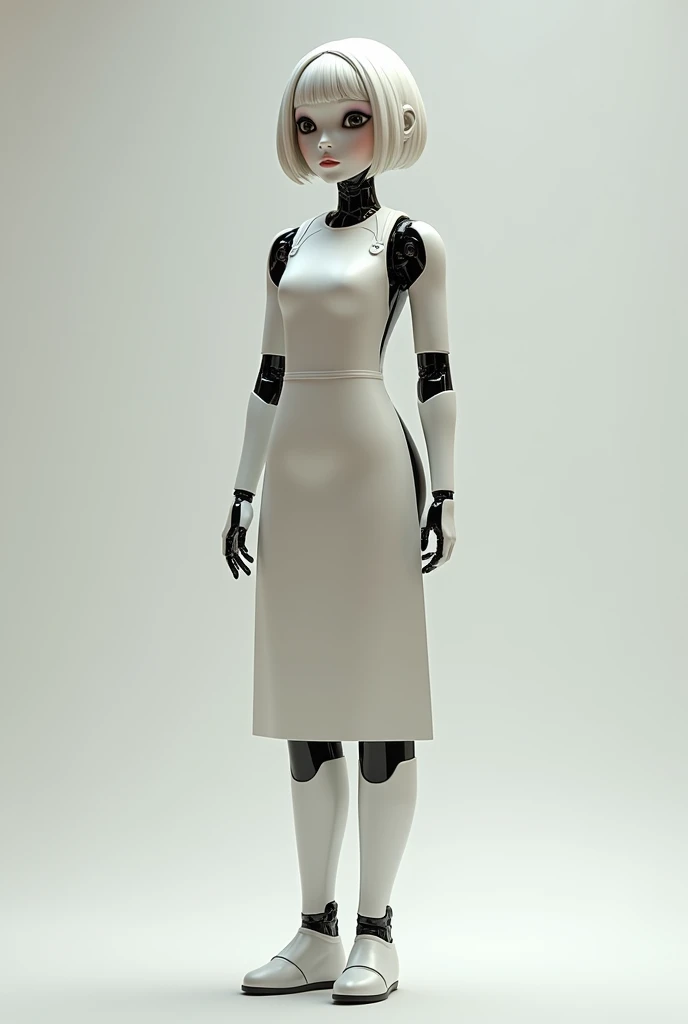 Make a human-like robot with breasts and short hair and a butt and wearing an apron.