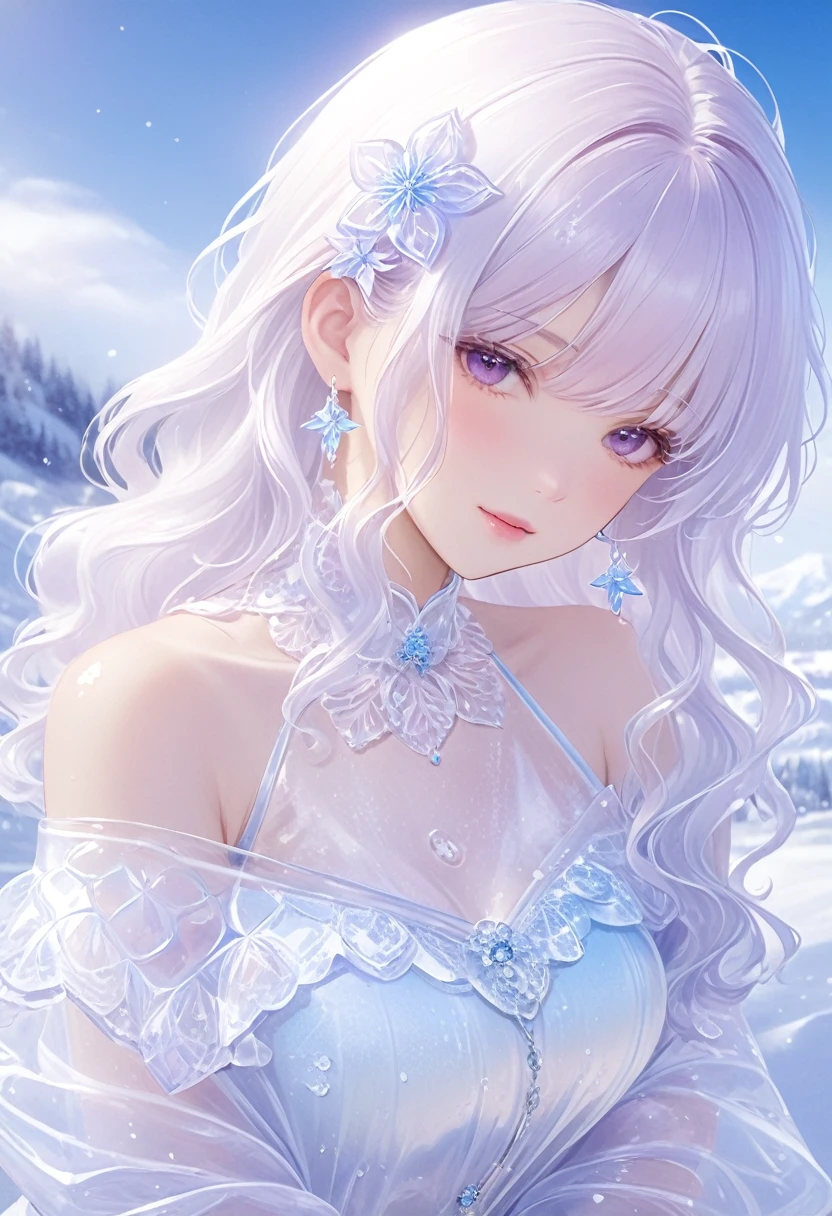 1girl,(Snow,Ice),snowflower,In winter,White hair,Shiny hair,Wavy hair,Transparent clothes,frilld,Lace,Wet clothes,Off_Shoulder,hair scrunchie,Masterpiece,Telephoto lens,absurderes,Exquisite facial features,