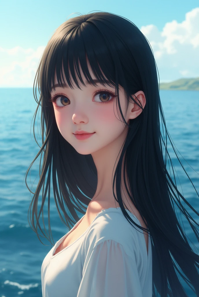 ・Black long straight hair
・Around 20 years old
・Japanese woman with a pure and innocent look
・Blunt bangs
・Facing forward
・Smiling
・Ocean background
・From the chest up