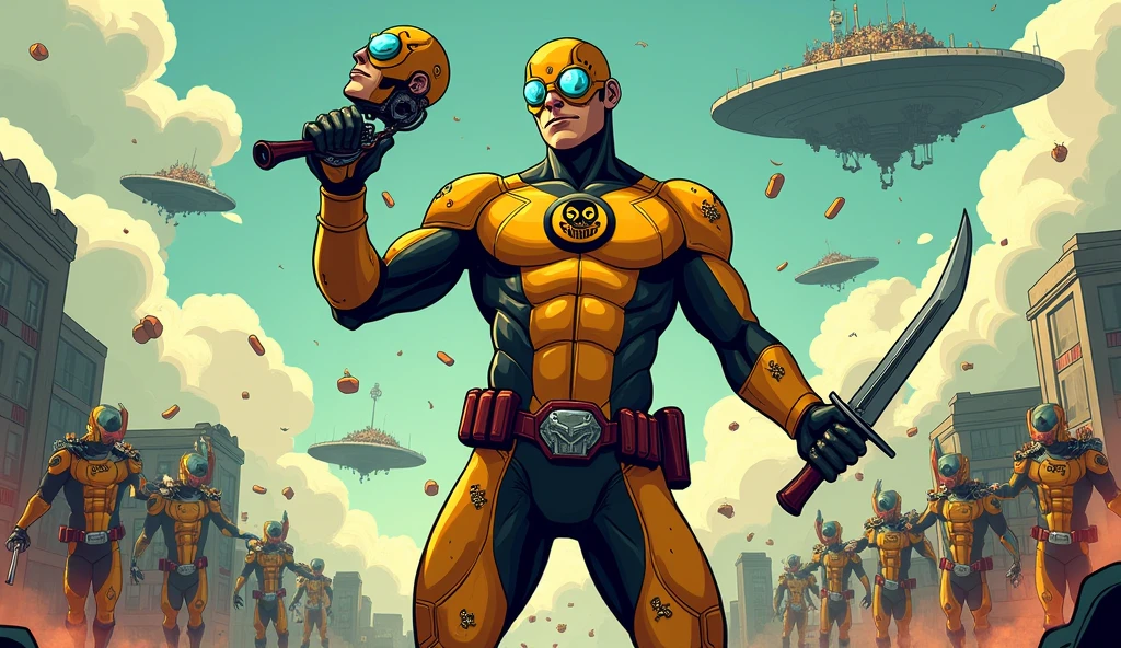 This image needs to be a cartoon of a superhero wearing a suit. The suit needs to have yellow, brown, and black colors all over. He has a utility belt with various knives inside. He is headless but in his right hand he is holding his head which is wearing a mask with digital glasses that covers the whole face. The symbol in the center of his suit is a skull with a knife stuck in the skull. In his left hand he is holding a sword and he has several knives, arrows, and bullet holes stuck in him. In the background there are several clones of him releasing random powers. They are in a city and above them there are several spaceships with monsters.