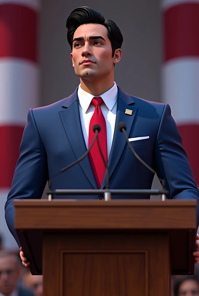 A Young man with black hair a handsome burly young man , wearing a formal blue suit with a red tie, standing behind a lectern on a stage. He is presenting a speech with a confident expression, in a modern-day political setting.
