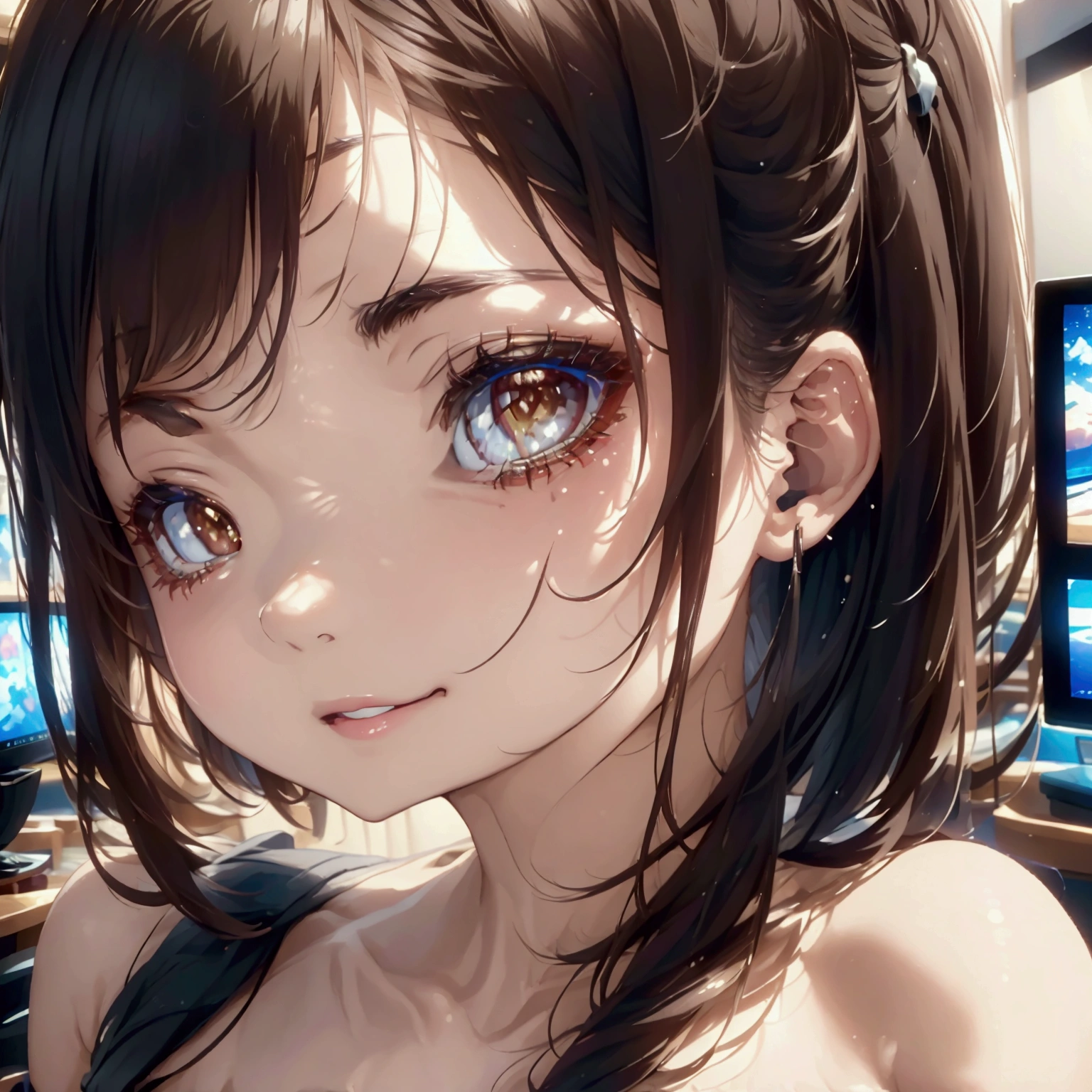 (Tabletop: 1.3), (Maximum resolution: 1.2), (Ultra High Definition TV: 1.2), Cinematic Light, 8k resolution, detailed eyes and skin, Detailed facial features, , Perfect Style, Beautiful Face, (Sharp focus: 1.2),double eyelid, Thin eyebrows, Glitter Eyeliner: 1. Natural Cheeks, Glowing Skin, Fair skin: 1.2, (Glossy Lips: 1.4),Broadcast in front of a computer、I have headphones on、