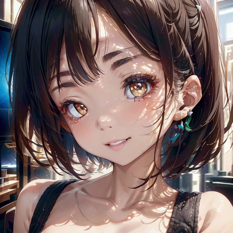 (Tabletop: 1.3), (Maximum resolution: 1.2), (Ultra High Definition TV: 1.2), Cinematic Light, 8k resolution, detailed eyes and skin, Detailed facial features, , Perfect Style, Beautiful Face, (Sharp focus: 1.2),double eyelid, Thin eyebrows, Glitter Eyeliner: 1. Natural Cheeks, Glowing Skin, Fair skin: 1.2, (Glossy Lips: 1.4),Broadcast in front of a computer、I have headphones on、