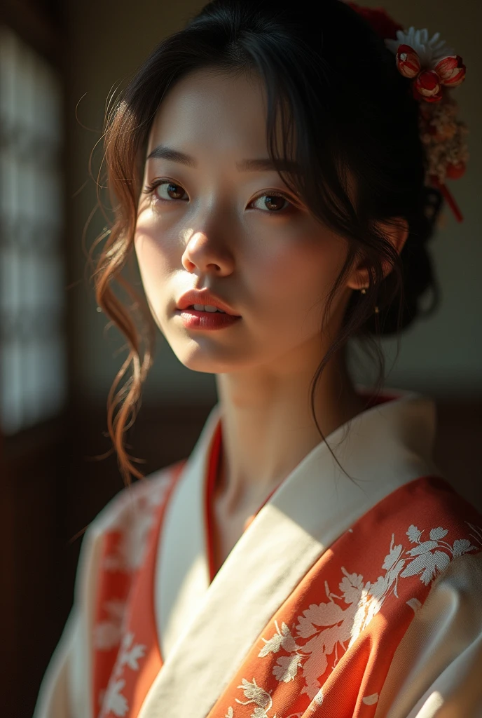 An elegantly dressed Japanese woman in natural light、A close-up of her chest and calm expression.、It shows her inner peace and outer charm.。