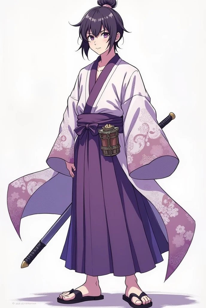 (illustrator) sketsa anime, samurai, kimono, blurple + white, front position, full body, boy, age 18