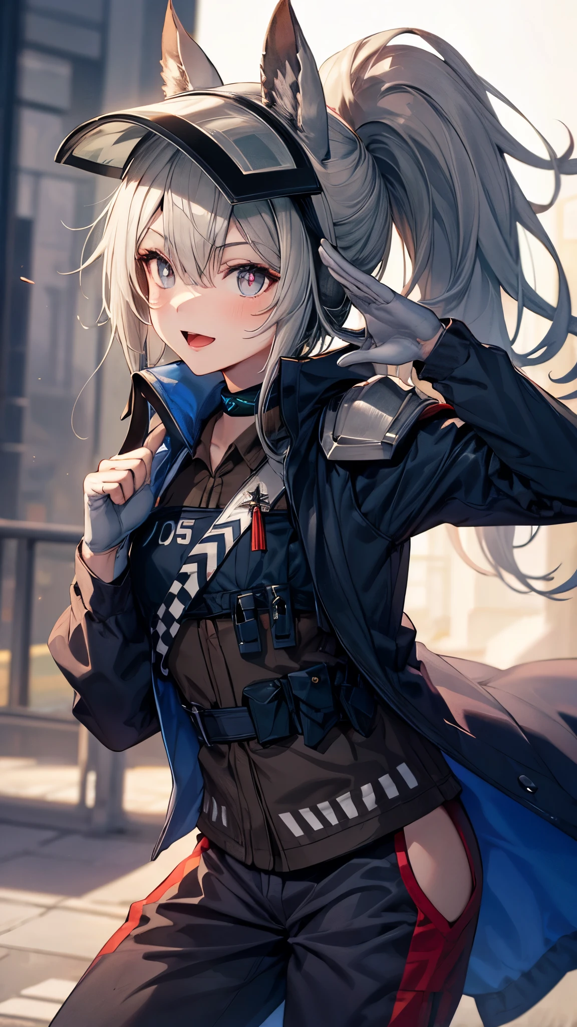 cowboy shot,grani_arknights,1girl,animal ears,twinkle smile,open mouth,gray hair,ponytail,(Helmets:1.3),jacket,pants,(Side slits), Greaves,(leaning forward,salute),masterpiece,Noise Reduction,perfect anatomy,high resolution, ultra-detailed, ultra-detailed face,game cg,dutch angle ,beautiful detailed eyes,visualart,five fingers, perfect hands, perfect lighting, sparkling pupils,