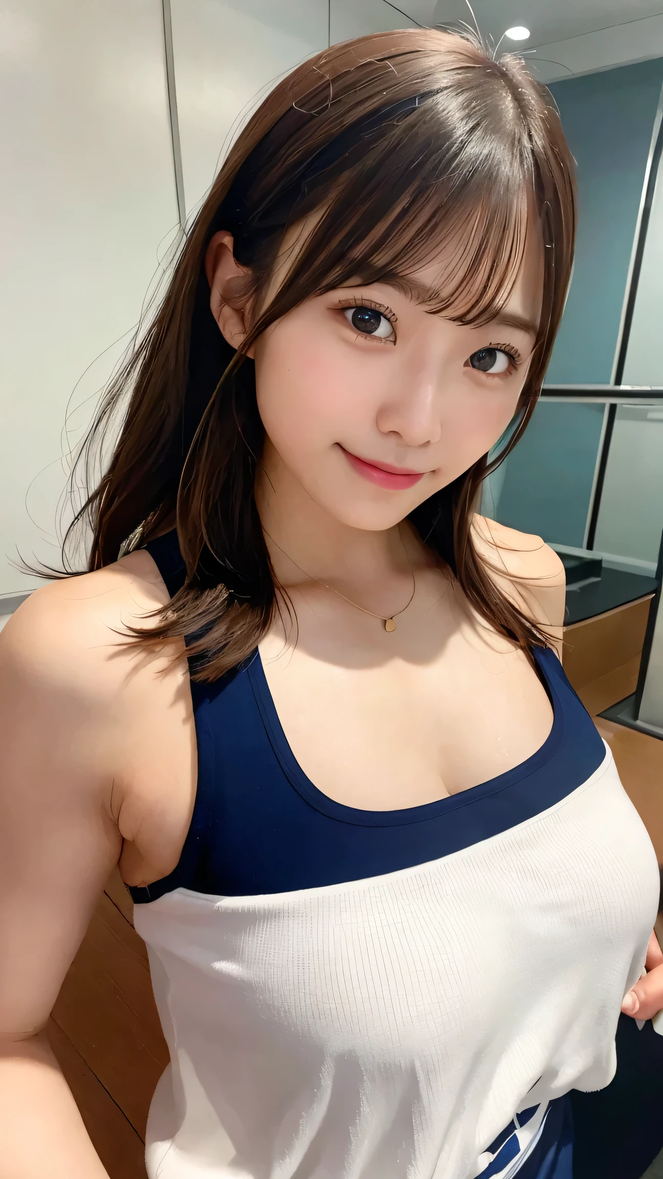 Japanese、Athletics、20-year-old、smile、Beautiful Face、((Large Breasts))、Colorful sportswear、Sweaty body、Browsing Caution、Brown haired、Free pose、Dynamic Angle、 Close-up、RAW Photos, Highest quality, High resolution, (masterpiece), (Photorealistic:1.4), Professional photography, Sharp focus, Hmph, 8k resolution, Intricate details, Depth of written boundary, Highly detailed CG unification、8k wallpaper, Front light,