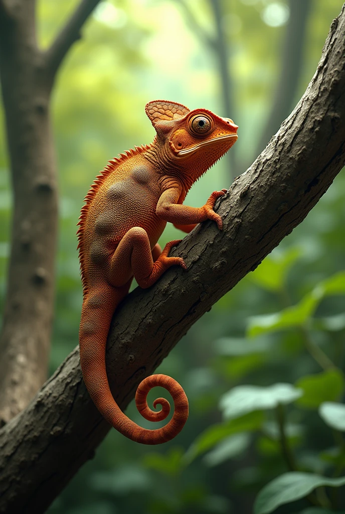chameleon sitting on a tree and  turned its color to brown just like the branch of the tree 