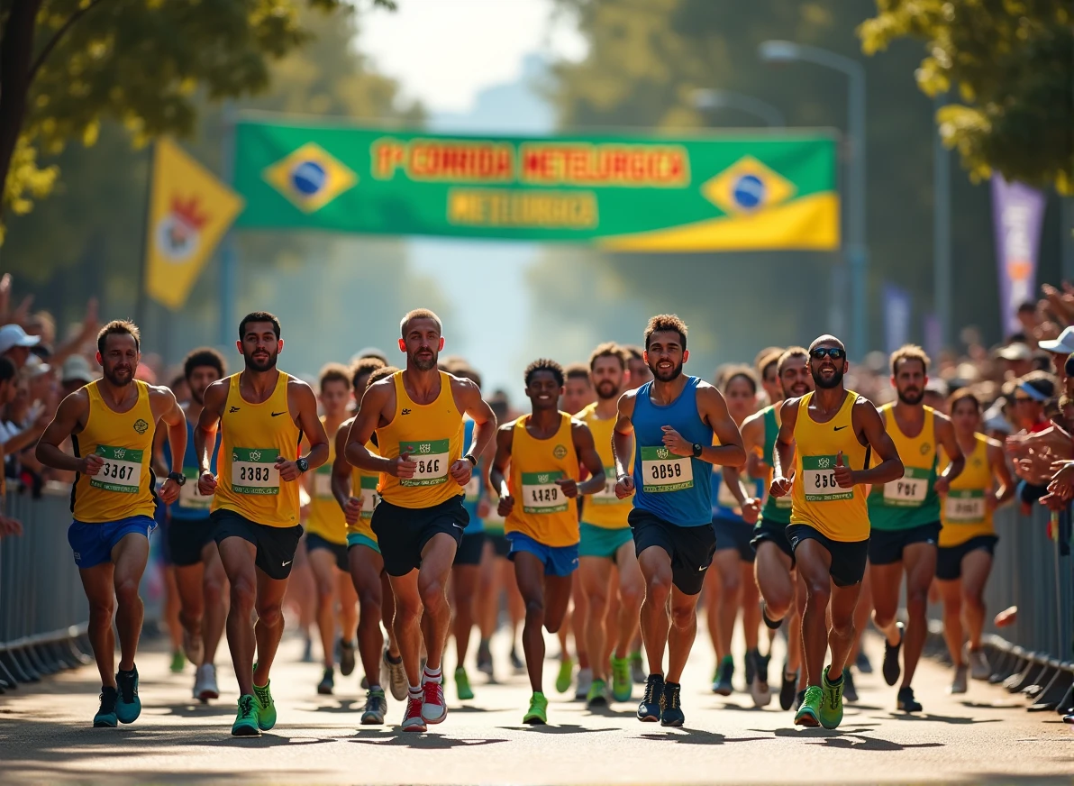 A high-quality photo of a large group of Brazilian people running in a marathon during the daytime. The runners, wearing a variety of colorful athletic gear, are in mid-stride, with expressions of focus and determination. sunlight dapples the ground, creating dynamic shadows. The scene is lively with spectators cheering from the sidelines, and the overall atmosphere is energetic and celebratory. Text written on banner "1ª Corrida Metelurgica"