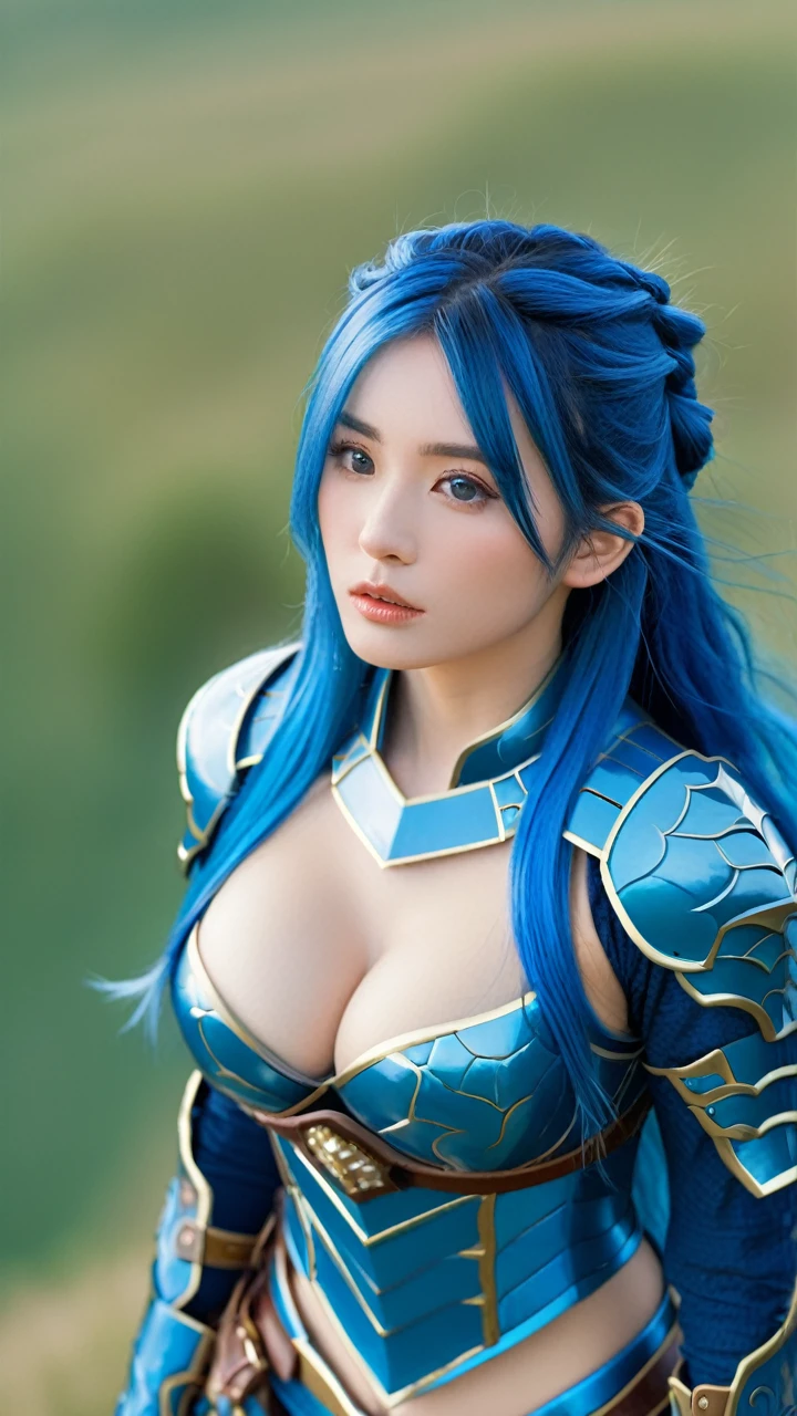 (8k, Highest quality, masterpiece, Very expensive:1.2) Photo of a Japanese person with long beautiful blue hair, Beautiful and attractive、神秘的な西洋のBlue Armorを、Looking at the audience, ((Prairie background)), (One of the young people in their 20s),(Blue Armor、The chest is slightly exposed.), ((Blue Armor)), Sugar Belt, ((Put your hands down.)),Blue Hair、Long Hair, High angle view of a beautiful woman, Realistic skin texture, look up, Round chin, Art Lens 85mm, 1 1. 2, Sharp focus, High resolution 8k, Crazy Details, complicated, elegant, Big Breasts, Dynamic gestures, Big Breasts,Blue HairHighest quality,