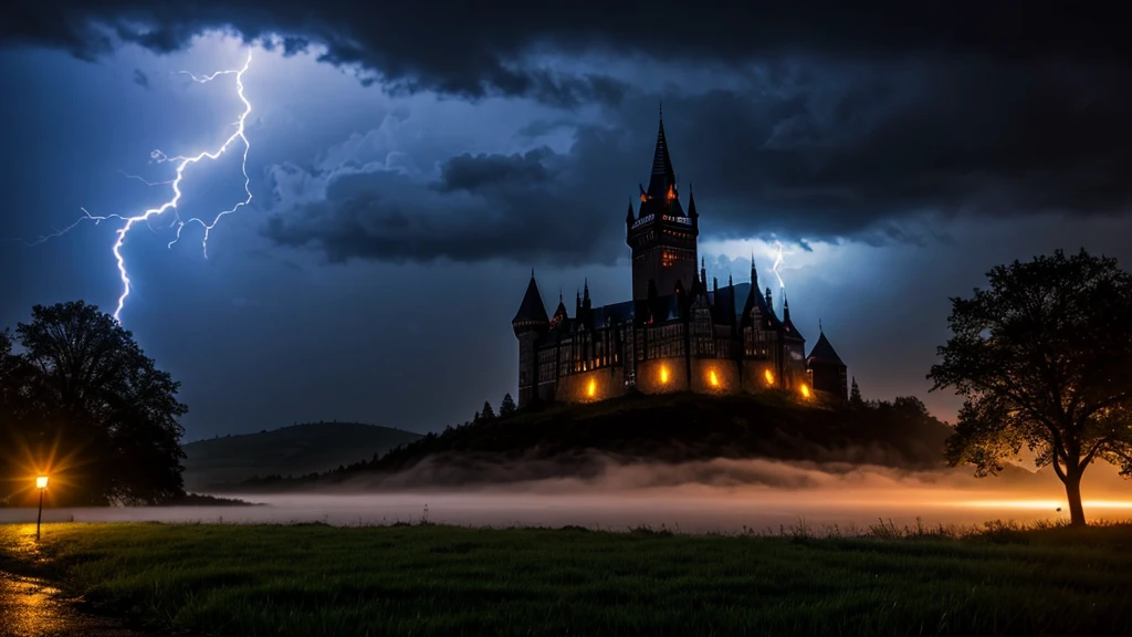 night, fog, rain, lightning, gothic castle