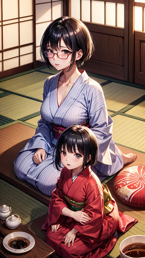 (2girl:1.5),(Little Girl:1.5),(young mother:1.3),half nude,Provocative,(micro yukata:1.3),nipple visible,Girls of short stature,(Small breasts:1.3),glasses,Clothes are see-through,Spoiled Girl,summer vacation,shyness girl,