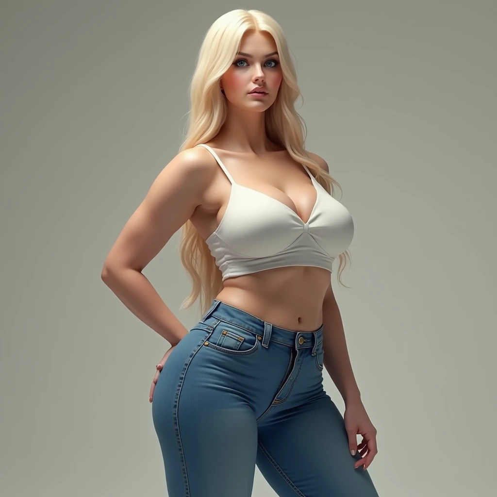 Femme, femme mature, blonde, cheveux longs et raides, yeux bleus, peau blanche, gros seins, seins énormes, gros cul, portant un haut court blanc, un jean