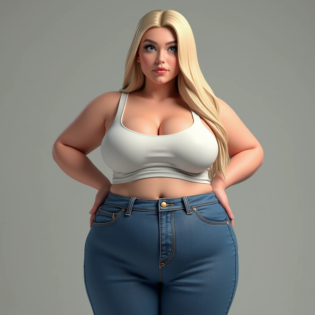 Femme, femme mature, blonde, cheveux longs et raides, yeux bleus, peau blanche, gros seins, seins énormes, gros cul, portant un haut court blanc, un jean