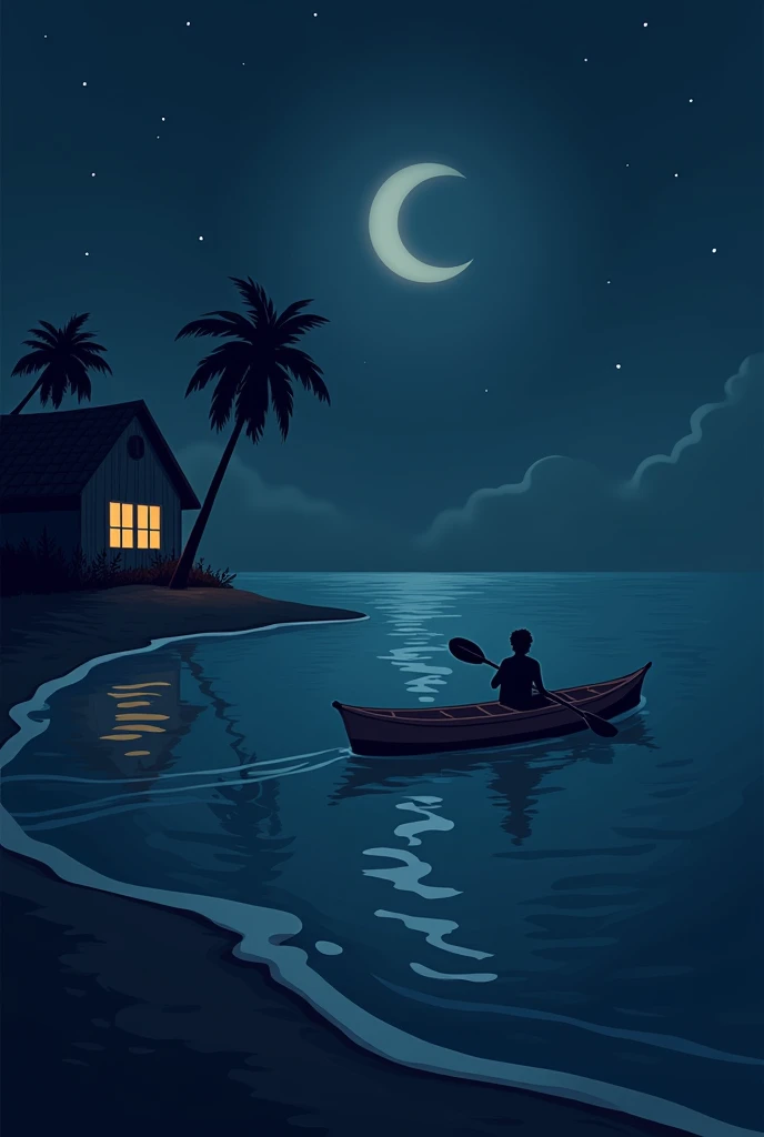 Shore at night, kayak in the middle of the sea, beach house, spooky vibe, Coconut tree, cartoon ,rectangle photo